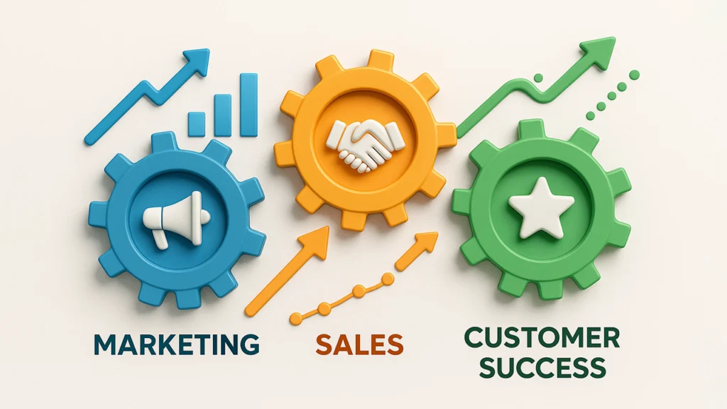 Gráfico conceitual ultrarrealista representando a integração entre marketing, vendas e sucesso do cliente como engrenagens interligadas em movimento, com setas de dados e indicadores fluindo entre elas. Cada engrenagem deve conter ícones representando suas respectivas funções (ex: megafone para marketing, aperto de mãos para vendas, estrela ou coração para sucesso do cliente). Fundo claro, estilo moderno e corporativo, com elementos 3D realistas e tons de azul, verde e laranja. Ideal para ilustrar visualmente o funcionamento sistêmico do RevOps em uma PME
